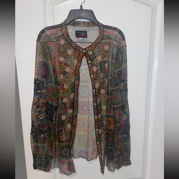 New! Johnny Was Flavie Mesh Embroidered Crochet 3D Flower Blouse 🌻 Medium - Picture 8 of 16